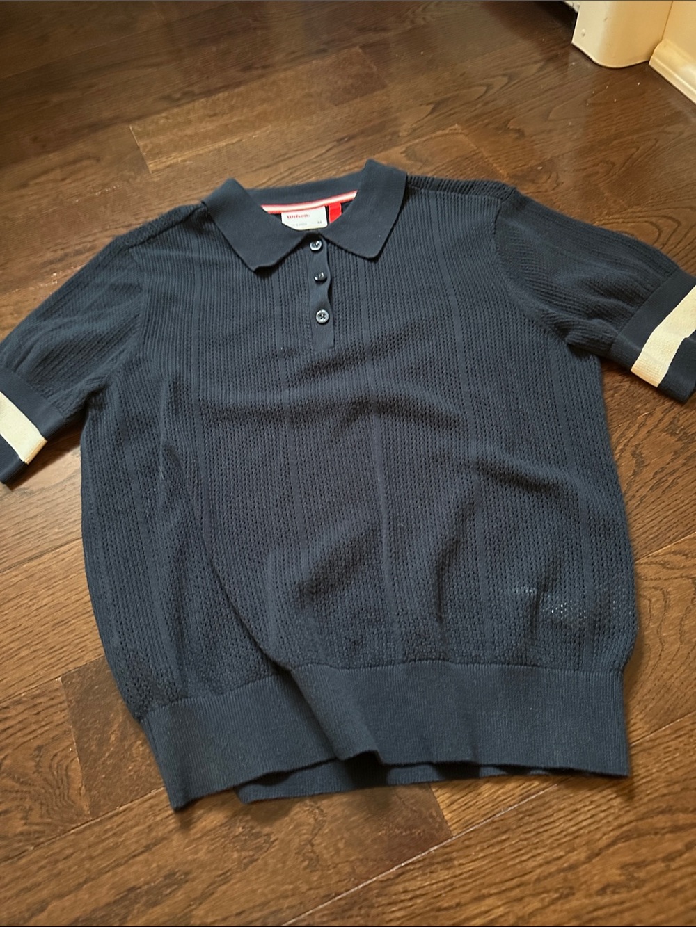 Wilson Navy Knit Short-Sleeve Polo with Cream Sleeve Stripe